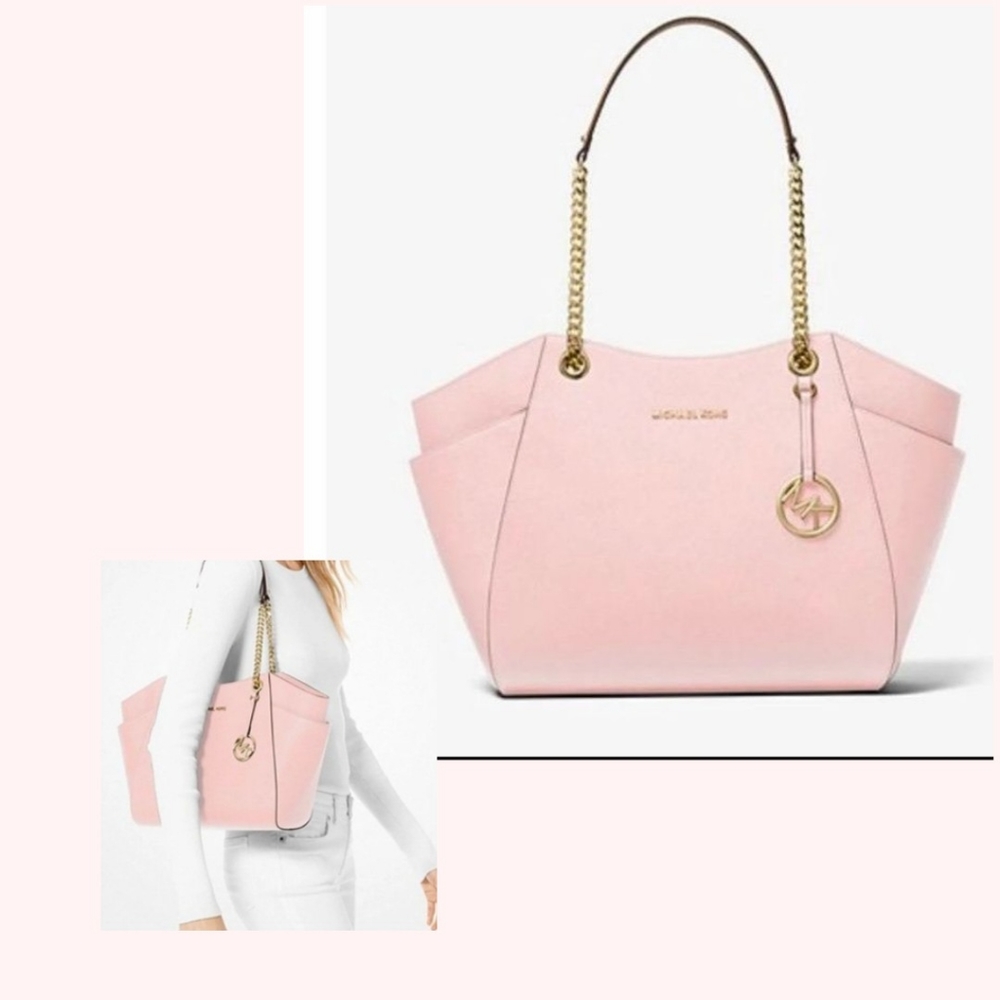 Michael Kors Pink Leather Shoulder Tote Bag Purse with Gold Chain